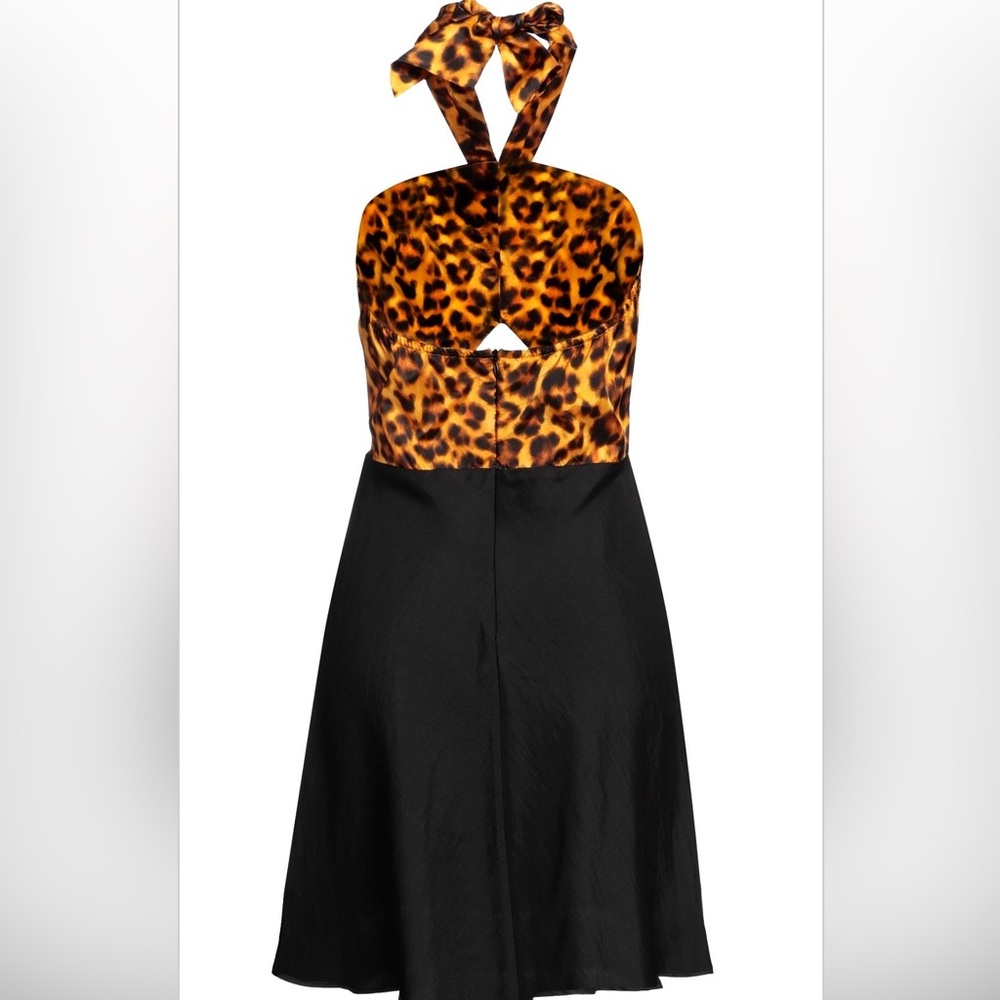 SANDRO Paris Ruched Halter Linen Blend Mini Dress with Leopard Animal Print - Picture 3 of 10